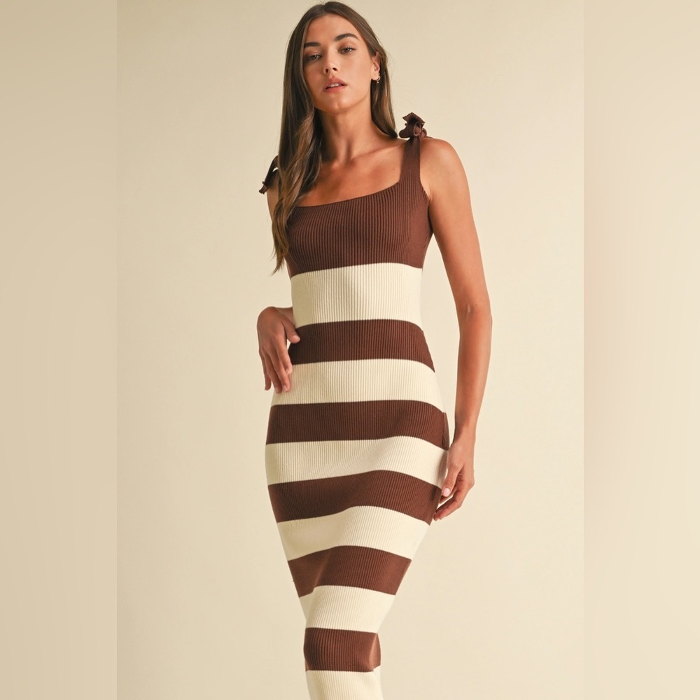 Endless Blu Shoulder Tie Stripe Sweater Knitted Midi Dress - Picture 2 of 4
